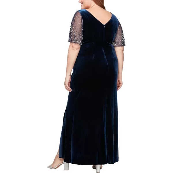 Alex Evenings Womens Plus Size Fit and Flare Mother of The Bride Dress with Heat Set llusion Flutter Sleeves and Front Slit Navy Velvet