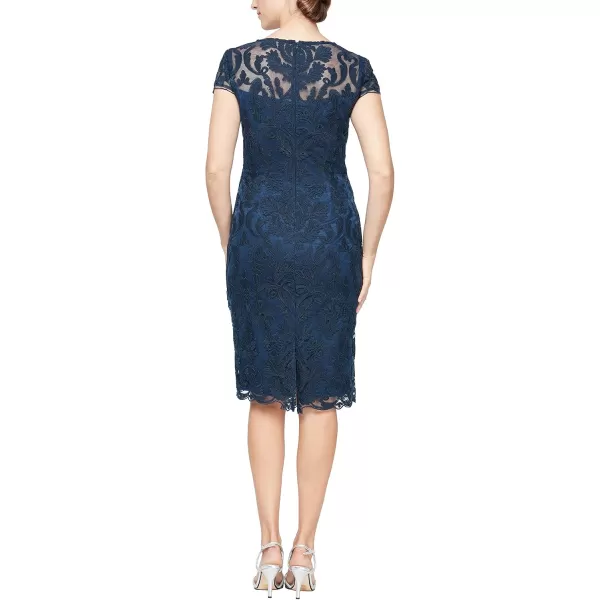 Alex Evenings Womens Short Knee Length Floral Embroidered Cocktail Sheath DressNavy Embroidery