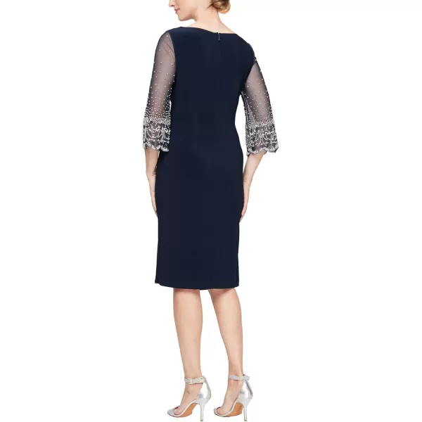 Alex Evenings Womens Short Shift Dress with Embellished Illusion DetailNavy Beaded Sleeve