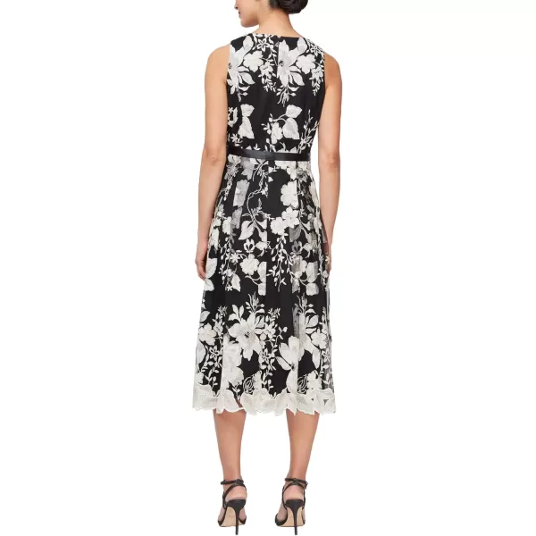 Alex Evenings Womens Sleeveless Midi Dress with Elegant Embroidery Full Skirt and Tie Belt Petite and Regular SizesBlackChampagne