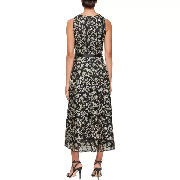 Alex Evenings Womens Sleeveless Midi Dress with Elegant Embroidery Full Skirt and Tie Belt Petite and Regular SizesBlackGold