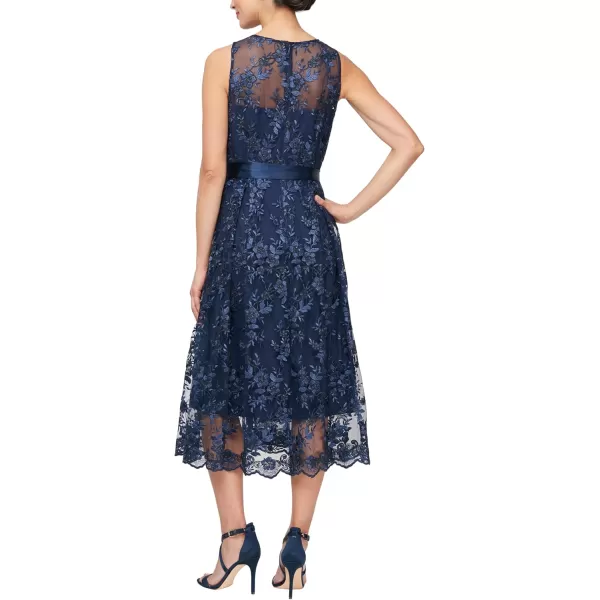 Alex Evenings Womens Sleeveless Midi Dress with Elegant Embroidery Full Skirt and Tie Belt Petite and Regular SizesNavy Embroidery