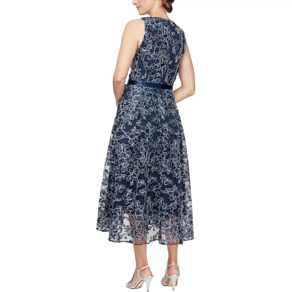 Alex Evenings Womens Sleeveless Midi Dress with Elegant Embroidery Full Skirt and Tie Belt Petite and Regular SizesNavy and Silver