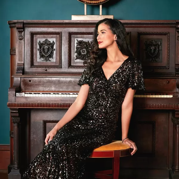 Alex Evenings Womens Stretch Sequin Bodice Empire Waist Long DressBlack Bronze Sequin