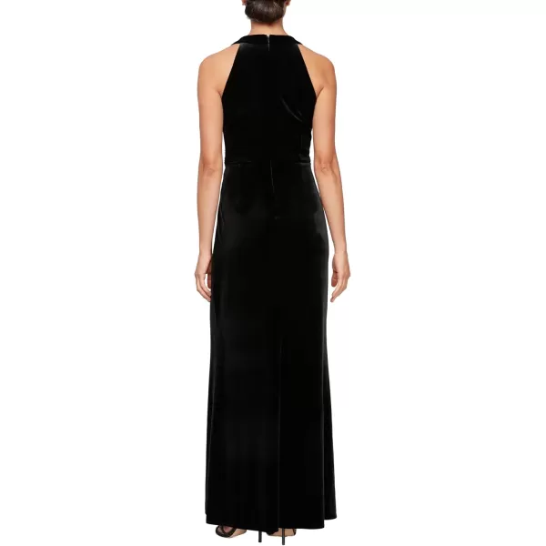 Long Velvet Halter Neck Mother of The Bride Gown with Beaded Hip and Front Slit Wedding Guest Party DressBlack Velvet