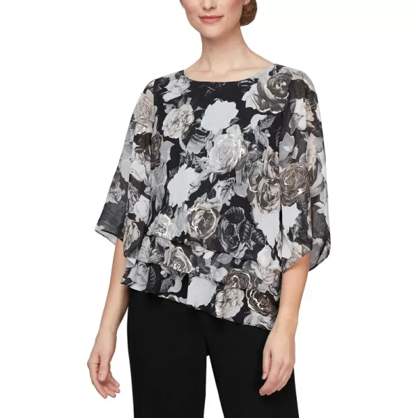 Alex Evenings Womens Chiffon Blouse Petite and RegularBlackWhiteGold