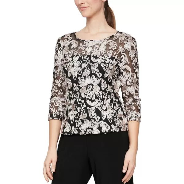 Alex Evenings Womens Embroidered Blouse Shirt Missy and PetiteBlack and Taupe