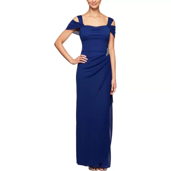 Alex Evenings Womens Long Cold Shoulder Dress Mother of The Bride Formal Events Petite and Regular SizesBeaded Electric Blue