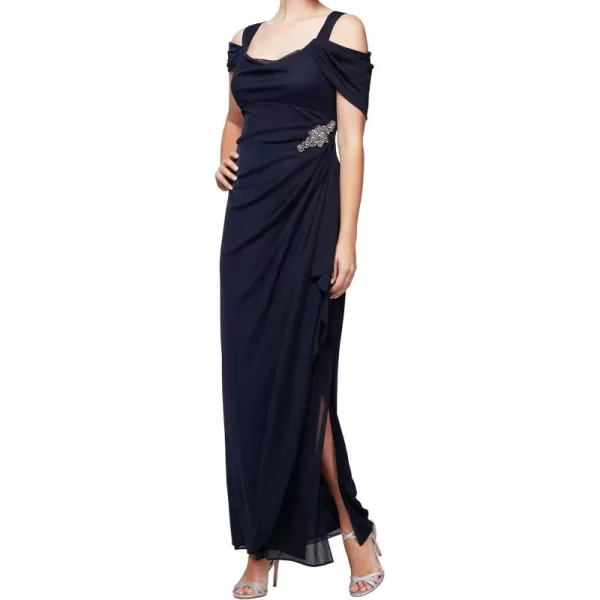 Alex Evenings Womens Long Cold Shoulder Dress Mother of The Bride Formal Events Petite and Regular SizesBeaded Navy