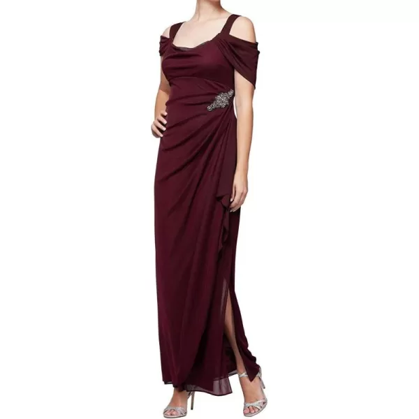 Alex Evenings Womens Long Cold Shoulder Dress Mother of The Bride Formal Events Petite and Regular SizesBeaded Wine