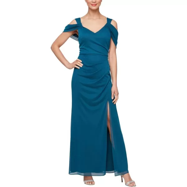 Alex Evenings Womens Long Cold Shoulder Dress Mother of The Bride Formal Events Petite and Regular SizesPeacock V Neck