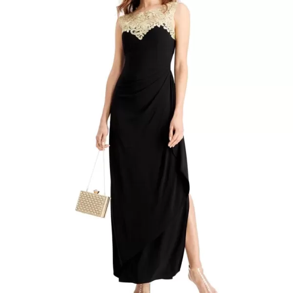 Alex Evenings Womens Long Column Dress with Sweetheart Illusion NecklineBlackGold