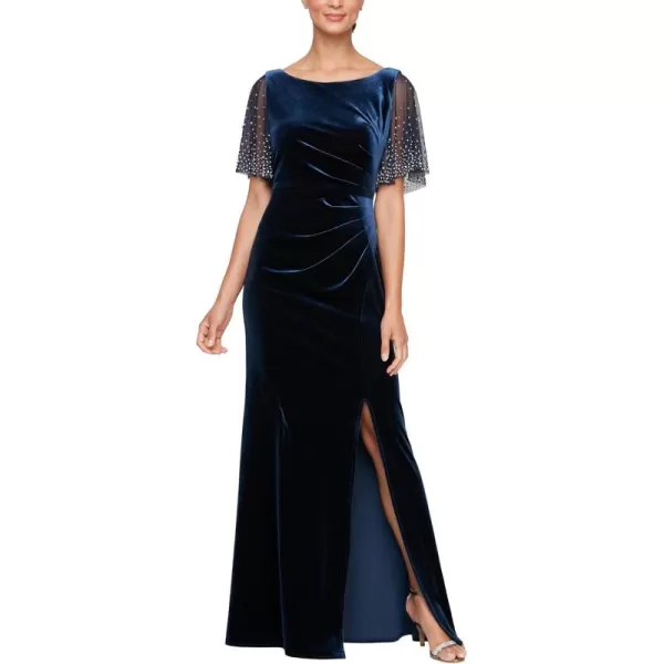 Alex Evenings Womens Long Fit and Flare Mother of The Bride Dress with Heat Set llusion Flutter Sleeves and Front Slit Navy Velvet