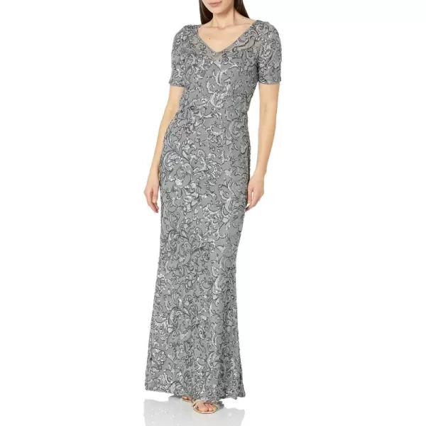 Alex Evenings Womens Long Length Aline Sequin Lace VNeck Mother of The Bride Dress Formal Event Gown with Short SleevesGunmetal