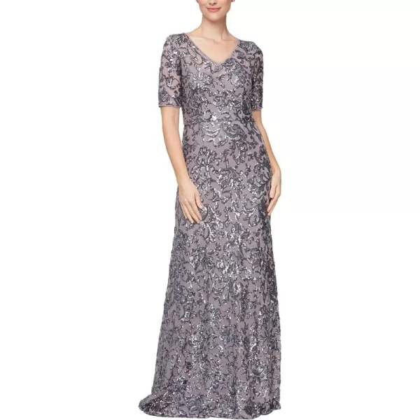 Alex Evenings Womens Long Length Aline Sequin Lace VNeck Mother of The Bride Dress Formal Event Gown with Short SleevesIcy Orchid