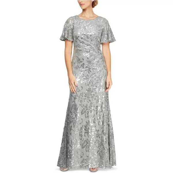 Alex Evenings Womens Long Length Aline Sequin Lace VNeck Mother of The Bride Dress Formal Event Gown with Short SleevesSilver