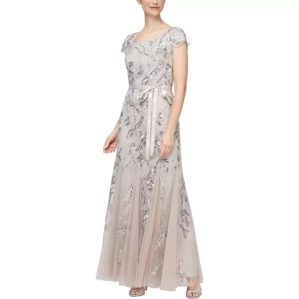 Alex Evenings Womens Long Length Aline Sequin Lace VNeck Mother of The Bride Dress Formal Event Gown with Short SleevesTaupe Embroidery