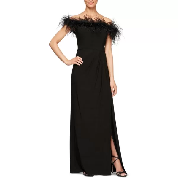 Alex Evenings Womens Long Length Off The Shoulder Gown with Front Slit and Maribou Detail Neckline Formal Party DressBlack Maribou