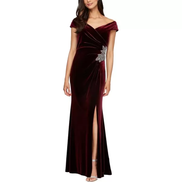 Alex Evenings Womens Long Off The Shoulder Fit and Flare DressWine Velvet Beaded