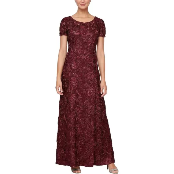 Alex Evenings Womens Long Rosette Lace Cap Sleeve GownMerlot