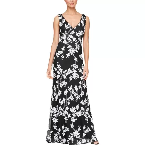 Alex Evenings Womens Long Sleeveless VNeck Dress with Sequin DetailBlack White Floral