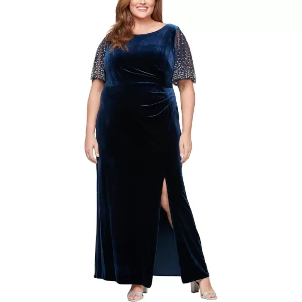 Alex Evenings Womens Plus Size Fit and Flare Mother of The Bride Dress with Heat Set llusion Flutter Sleeves and Front Slit Navy Velvet