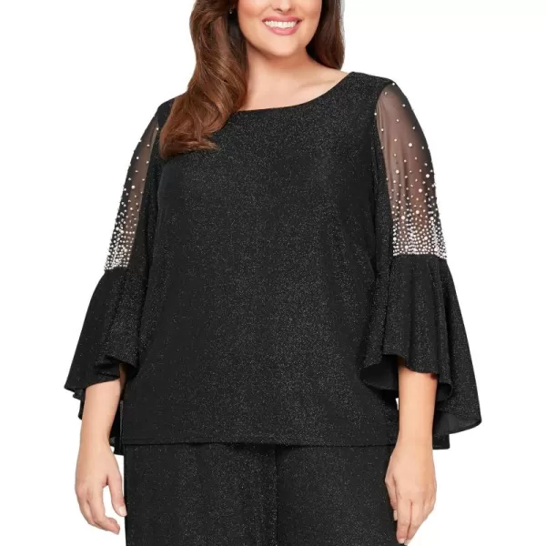 Alex Evenings Womens Plus Size Metallic Knit 34 Sleeve Blouse Pair with Our Pants Or Skirts for Any Formal EventBlack Bell Plus