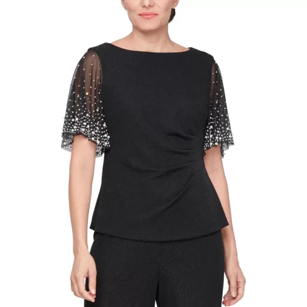 Alex Evenings Womens Plus Size Metallic Knit 34 Sleeve Blouse Pair with Our Pants Or Skirts for Any Formal EventBlack Flutter