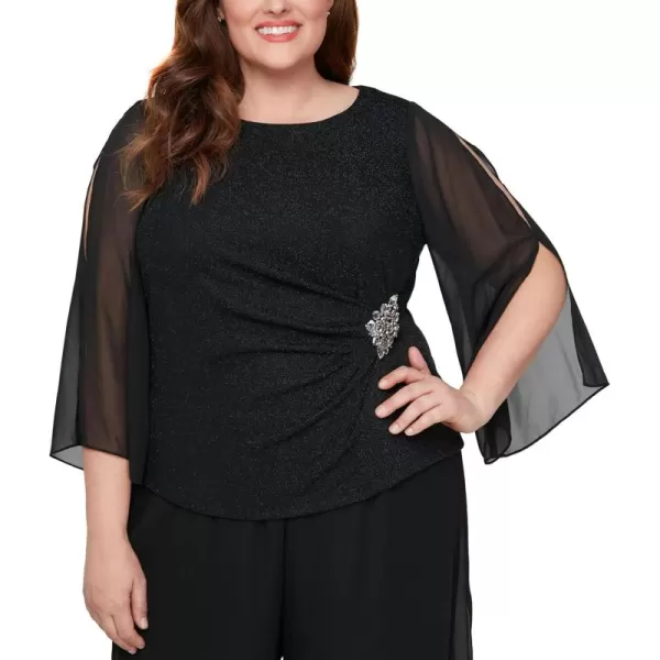 Alex Evenings Womens Plus Size Metallic Knit 34 Sleeve Blouse Pair with Our Pants Or Skirts for Any Formal EventBlack Illusion Plus