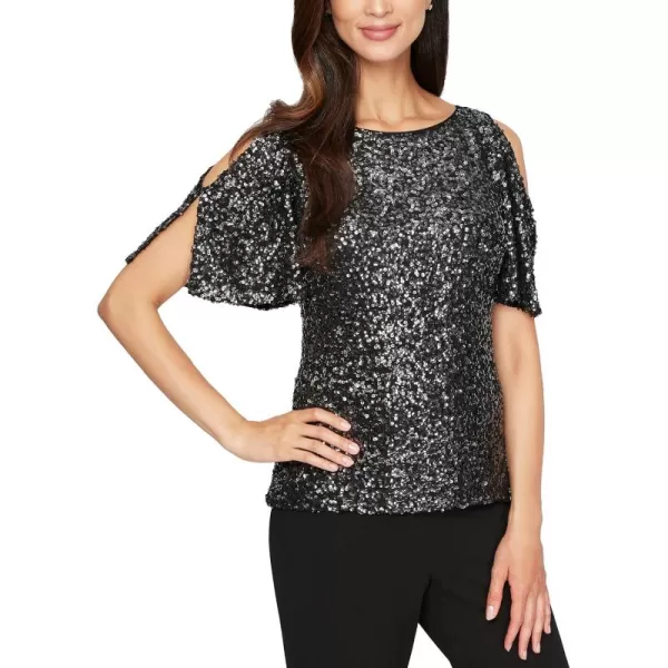 Alex Evenings Womens Sequin BlouseBlack Cold Shoulder