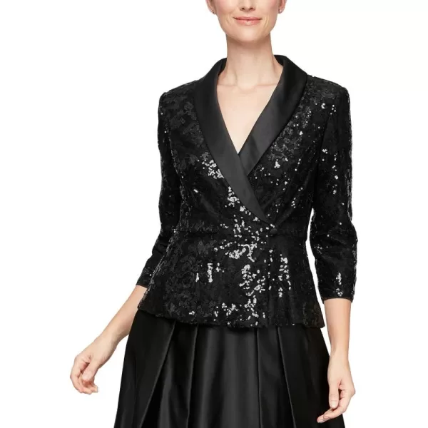 Alex Evenings Womens Sequin BlouseBlack Sequin Satin Collar