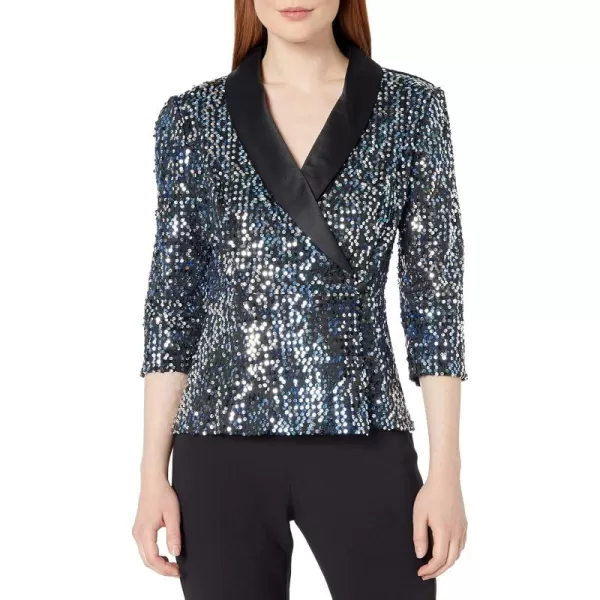 Alex Evenings Womens Sequin BlouseBlueBlack Satin Collar