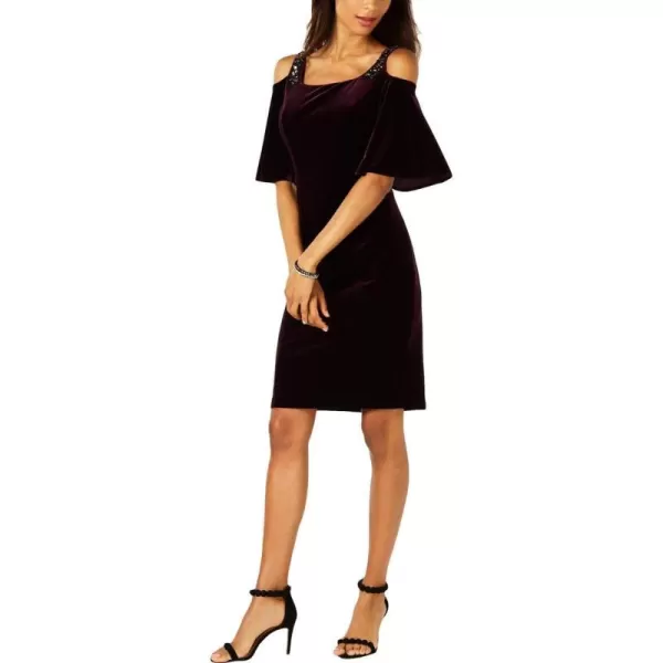 Alex Evenings Womens Short Cold Shoulder Velvet Dress Petite and Regular SizesAubergine