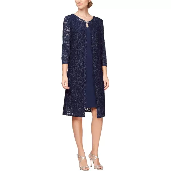 Alex Evenings Womens Short Embroidered Elongated Mock Jacket DressNavy Glitter