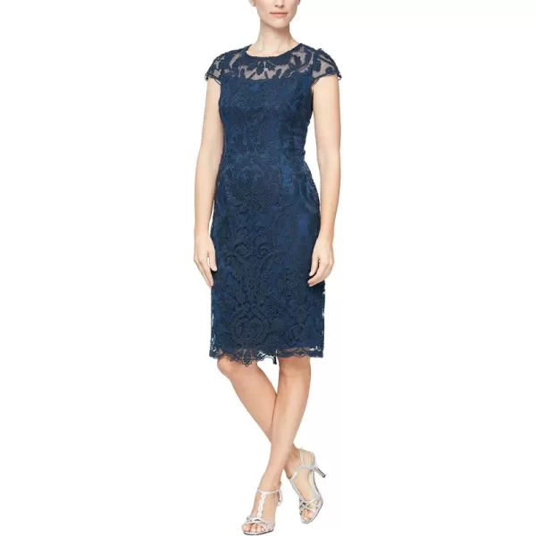 Alex Evenings Womens Short Knee Length Floral Embroidered Cocktail Sheath DressNavy Embroidery