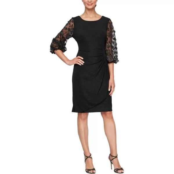 Alex Evenings Womens Short Sheath Metallic Cocktail Dress wEmbellished Sleeves ampamp Cascade Ruffle Petite and Regular SizesBlack 3d Flower Metallic