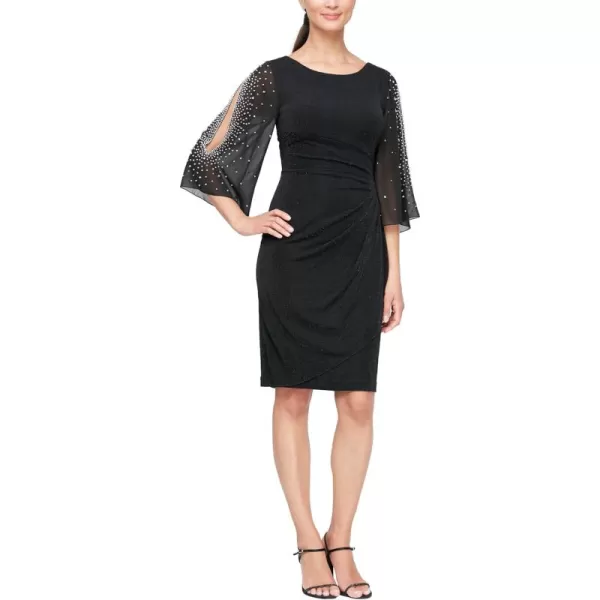 Alex Evenings Womens Short Sheath Metallic Cocktail Dress wEmbellished Sleeves ampamp Cascade Ruffle Petite and Regular SizesBlack Metallic