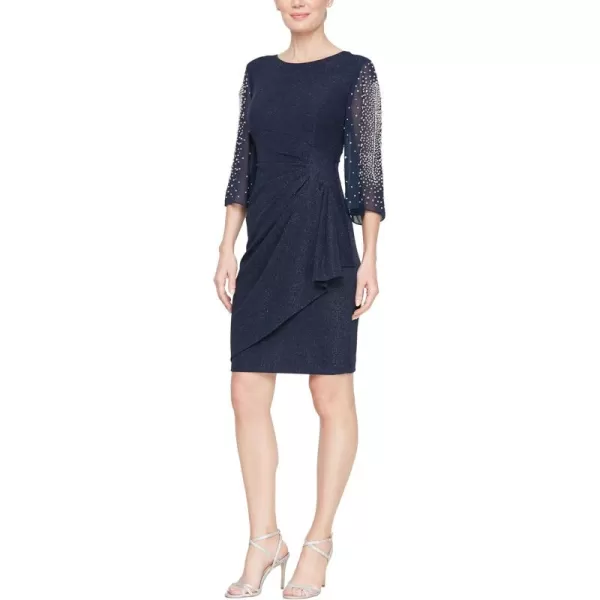 Alex Evenings Womens Short Sheath Metallic Cocktail Dress wEmbellished Sleeves ampamp Cascade Ruffle Petite and Regular SizesDark Navy Metallic