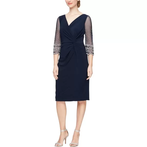 Alex Evenings Womens Short Shift Dress with Embellished Illusion DetailNavy Beaded Sleeve