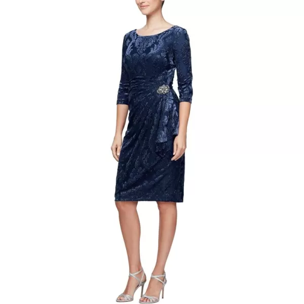 Alex Evenings Womens Short Three Quarter Sleeve Velvet Dress Petite RegularBright Navy Print