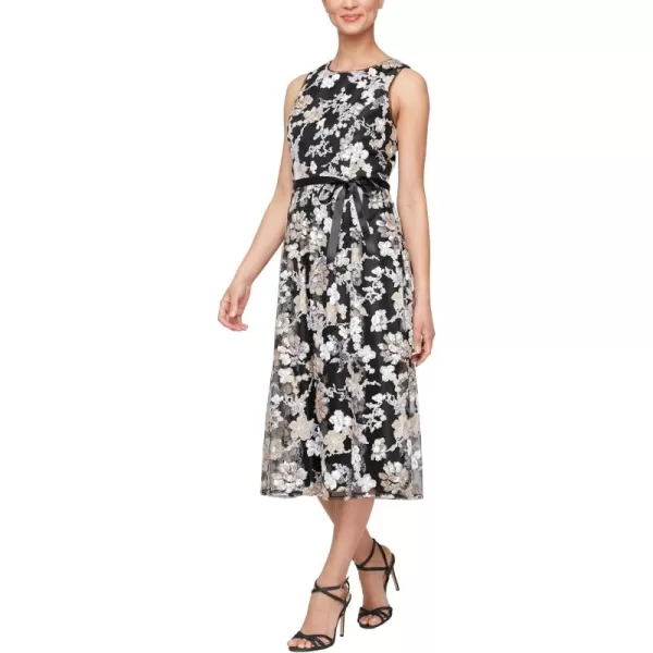 Alex Evenings Womens Sleeveless Midi Dress with Elegant Embroidery Full Skirt and Tie Belt Petite and Regular SizesBlack Multi