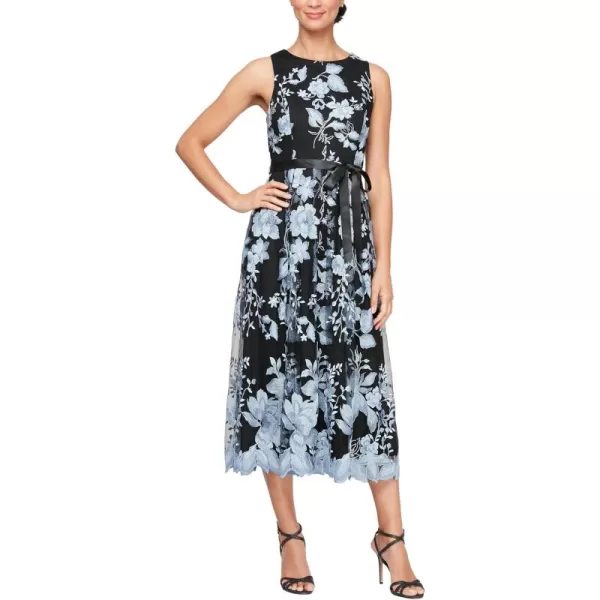 Alex Evenings Womens Sleeveless Midi Dress with Elegant Embroidery Full Skirt and Tie Belt Petite and Regular SizesBlack and Hydrangea