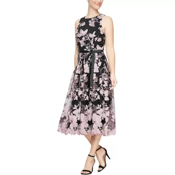 Alex Evenings Womens Sleeveless Midi Dress with Elegant Embroidery Full Skirt and Tie Belt Petite and Regular SizesBlack and Rose