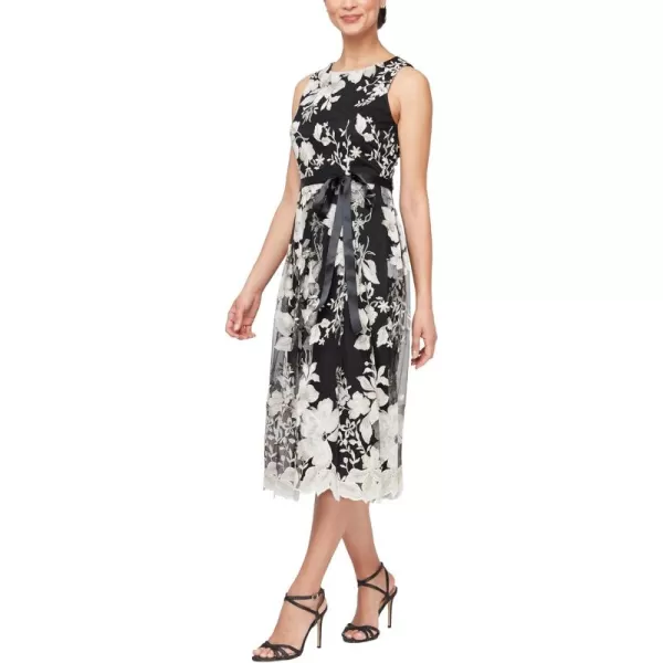 Alex Evenings Womens Sleeveless Midi Dress with Elegant Embroidery Full Skirt and Tie Belt Petite and Regular SizesBlackChampagne