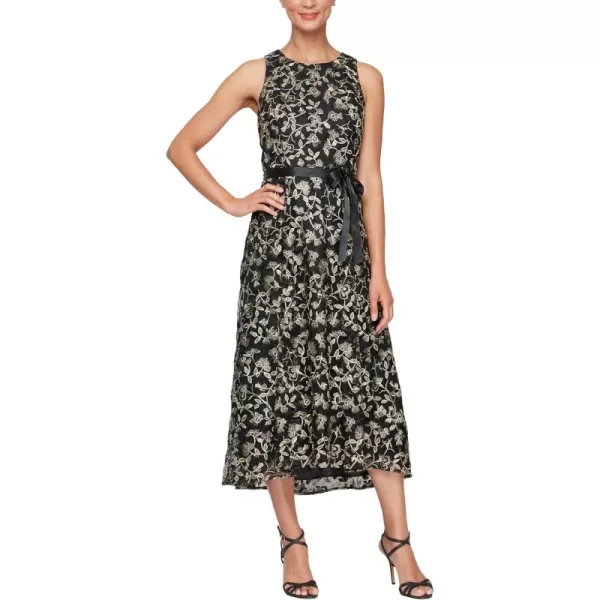 Alex Evenings Womens Sleeveless Midi Dress with Elegant Embroidery Full Skirt and Tie Belt Petite and Regular SizesBlackGold