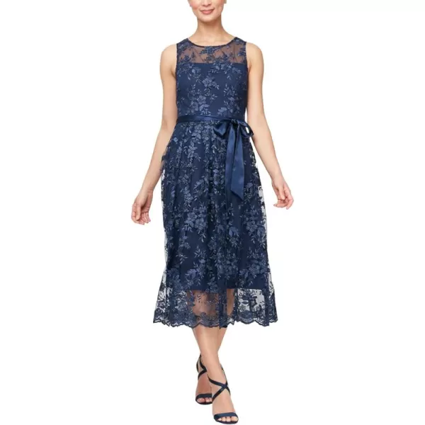 Alex Evenings Womens Sleeveless Midi Dress with Elegant Embroidery Full Skirt and Tie Belt Petite and Regular SizesNavy Embroidery