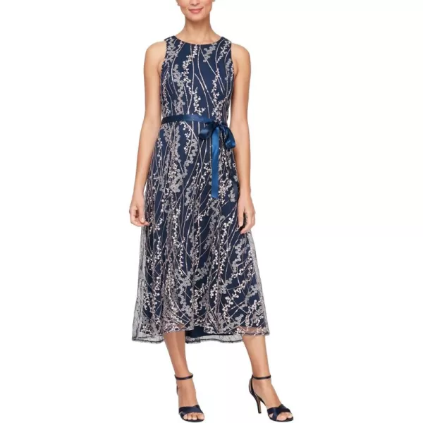 Alex Evenings Womens Sleeveless Midi Dress with Elegant Embroidery Full Skirt and Tie Belt Petite and Regular SizesNavy and Pink