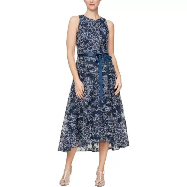 Alex Evenings Womens Sleeveless Midi Dress with Elegant Embroidery Full Skirt and Tie Belt Petite and Regular SizesNavy and Silver