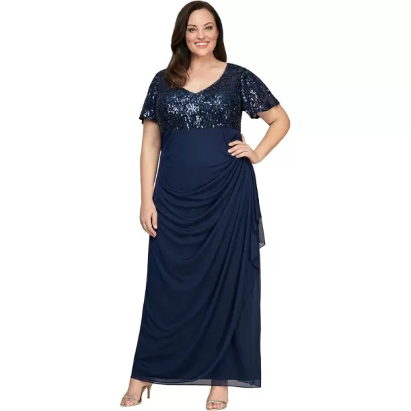 Alex Evenings Womens Stretch Sequin Bodice Empire Waist Long DressNavy Flutter Sleeve Plus