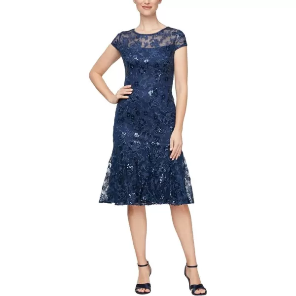 Alex Evenings Womens Tea Length Embroidered Cocktail Godets Wedding Guest Party Dress Petite and Regular SizesNavy Cap Sleeve